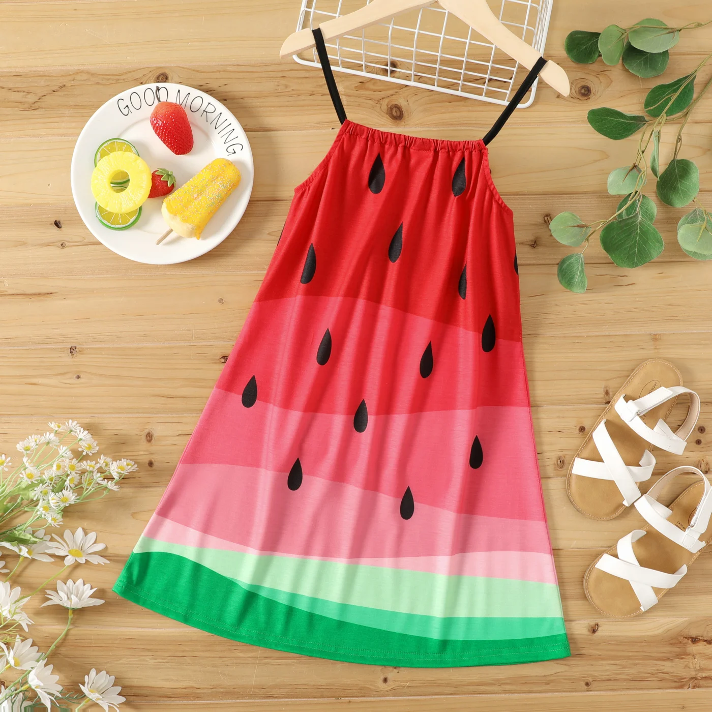 PatPat Kid Girl Watermelon Print Colorblock Cami Dress