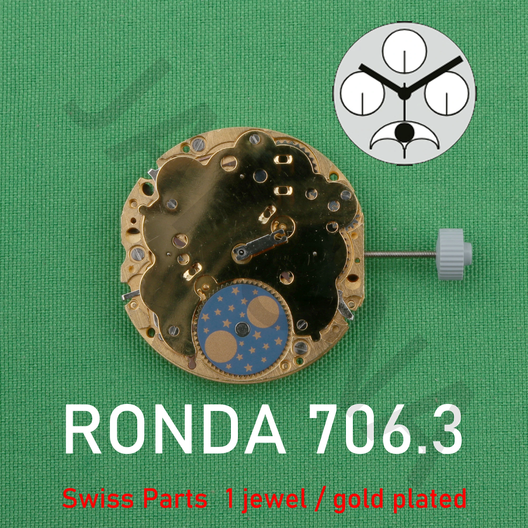 ronda 706 movement Swiss 706.3 movement 6 hands quartz movement with xtratech movement n Swiss Parts	1 jewel / gold plated