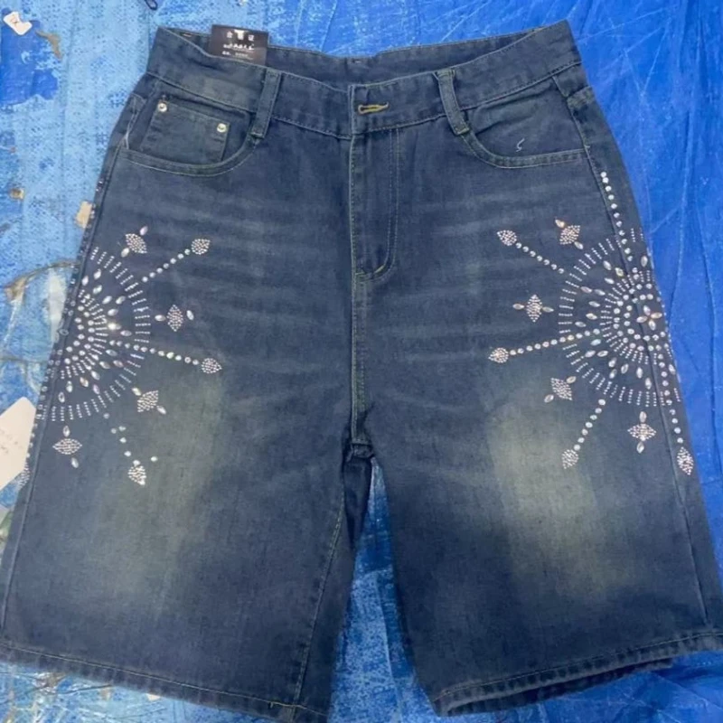 Summer Women's Fashion Pattern Denim Shorts Casual Bottom Baggy Half Trouser Unisex Capris Female Wide-leg Knee Length Pants