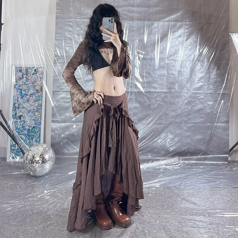 Saia midi longa com design de aba de orelha de madeira irregular estilo vintage para mulheres – Novo estilo versátil