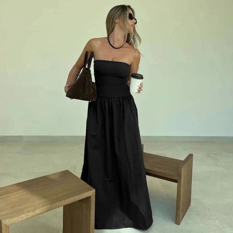 

Spring Summer Fashion Color Blocked Women's Dress New Sexy Chest Hugging Waist Slimming Dress Temperament Pleated A-line Dress