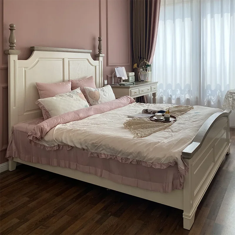 French retro solid wood backrest double American master bedroom 1.8 meters bed light luxury oak 2