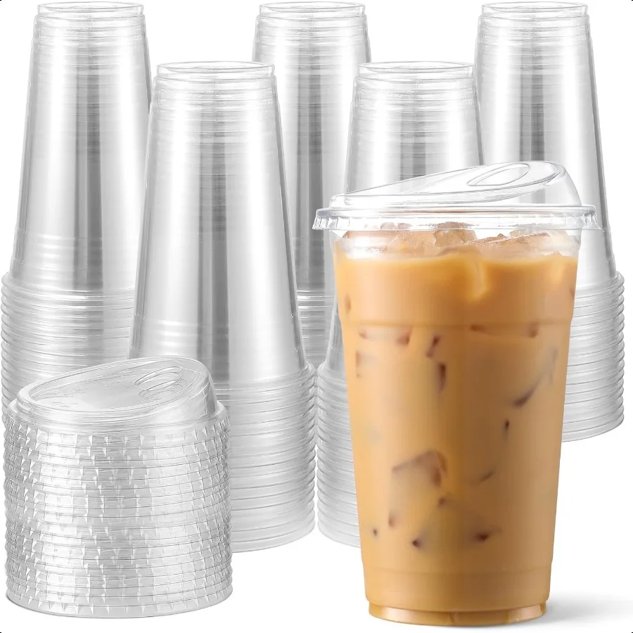 

100 Pack Clear 16 Oz Plastic Cups With Lids Iced Coffee Cups With Lids for Party Drinks Bubble Tea and Cold Beverage BPA Free