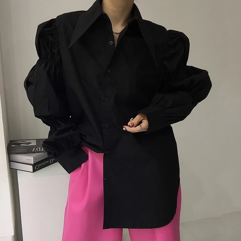 ريترو كورت Sle arp طوق تصميم زر واحد فضفاض مطوي فقاعة Sve irt المرأة الأعلى Faionable الكورية مستقيم...