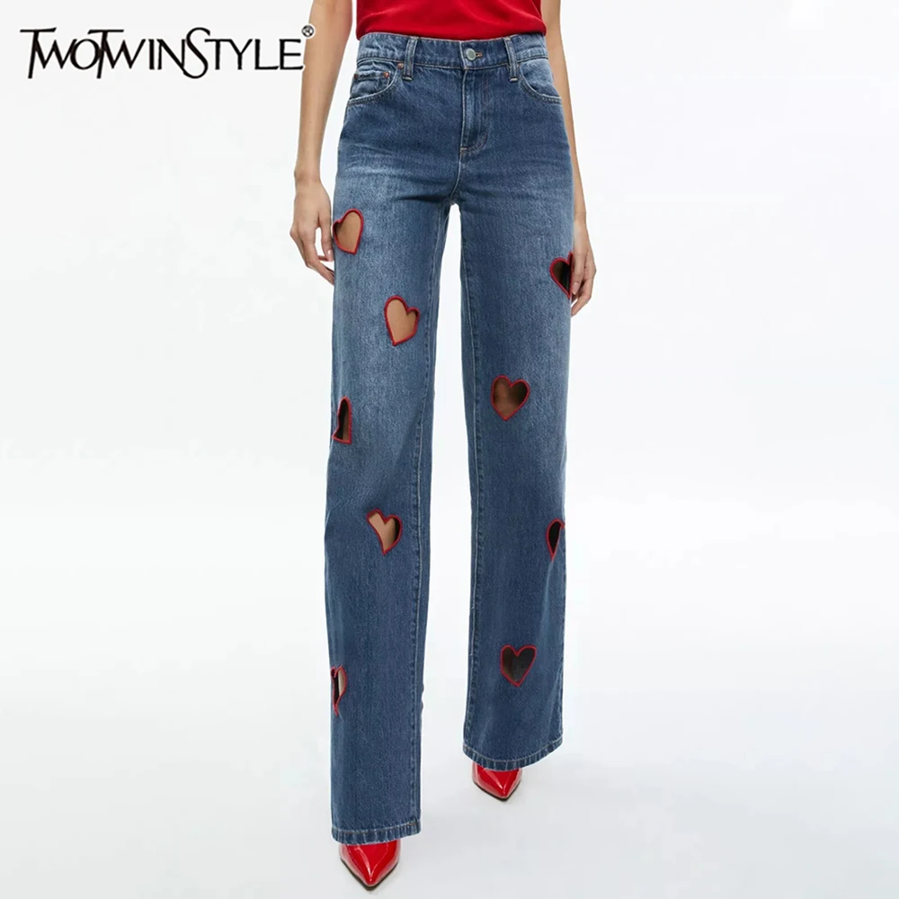 

TWOTWINSTYLE Streetwear Hollow Out Denim Pant For Women High Waist Patchwork Pockets Hit Color Design Casual Jeans Female New