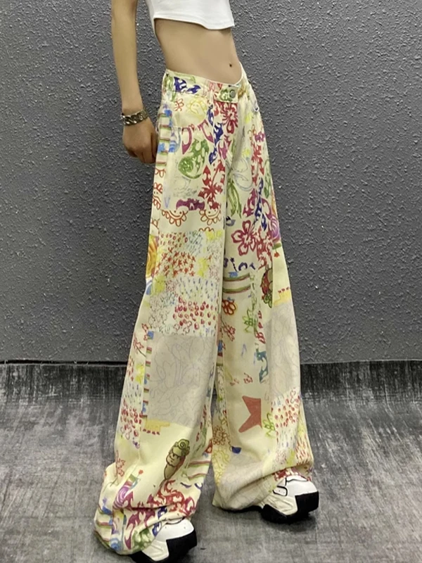 

High Waist Wide Leg Casual Pants Women's Loose Fit Summer New Sle Printed Straight tough Trousers Versatile Floor Length