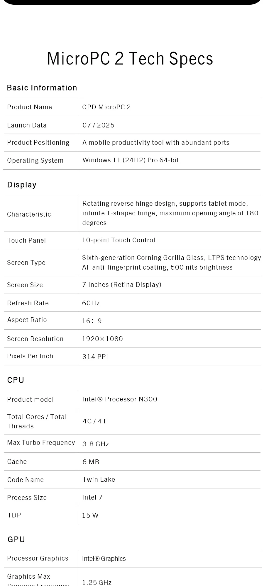 New 7-inch Screen Mini Laptop GPD MicroPC 2 Intel® Core™ I3-N250 16GB/512GB Portable Laptop Computer Notebook Windows 11