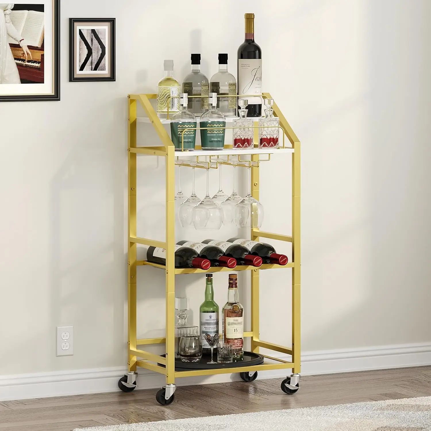 

Bar Cart with Mirrored Shelf, Serving Cart for Home, Drink Cart with Wine Rack, Rolling Kitchen Cart with Wheels, Glass