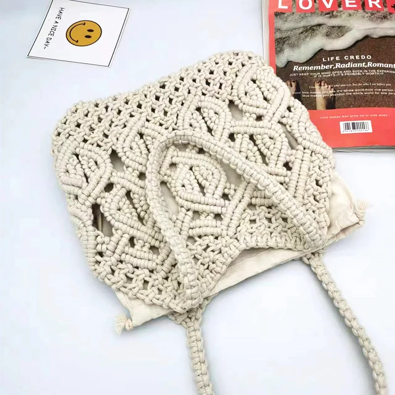 Rope Crochet kobiety torba na ramię czeski z wcięciem, tkany torby dla kobiet Handmade Knitting torebki Travel torba na plażę Shopper Hobos