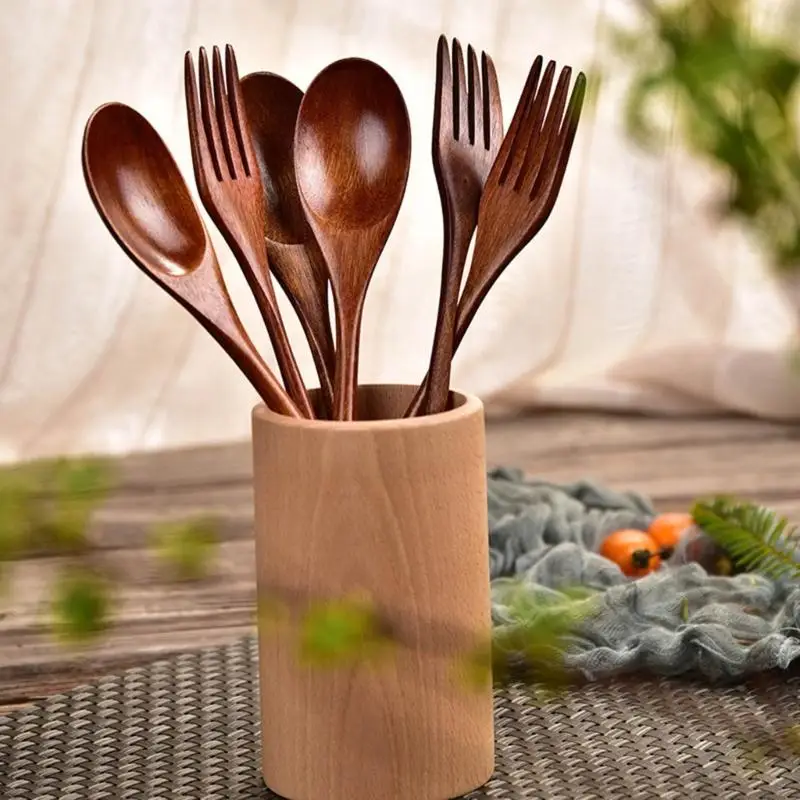 652F Natural Finish Wooden Cutlery Set Extended Handle Design For Soup Pastas Dishes