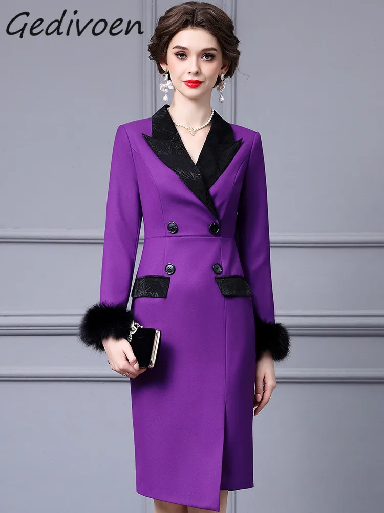 

Gedivoen Autumn Fashion Runway Purple Vintage Party Dress Women Lapel Velvet Button Pockets Package Buttock Slit Slim Long Dress