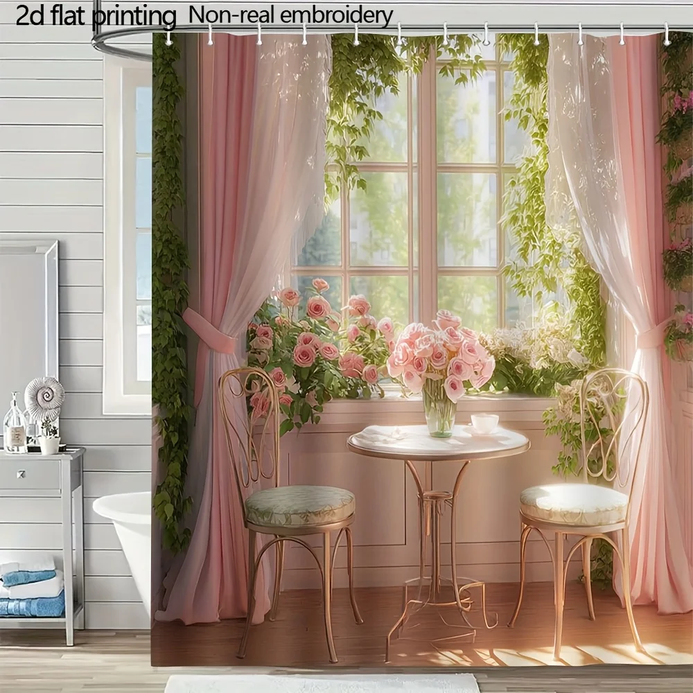 

Romantic Window View Shower Curtain, Pink Roses Garden Scenery, Vintage French Style Bathroom Decor, Waterproof Polyester Bath