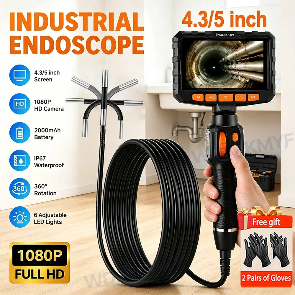 4.3/5 Inch Bi-Directional Articulating Industrial Endoscope 1080P Borescope Camera,IP67 Waterproof for Automotive Repair Plumbin