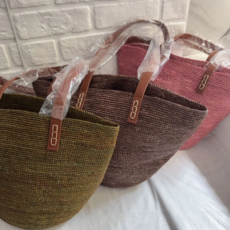 Cowhide Strap Raffia Straw Crochet Woven Shoulder Bag,Women Tote Bag,Summer Beach Vacation Large Capacity Solid Color Handbag