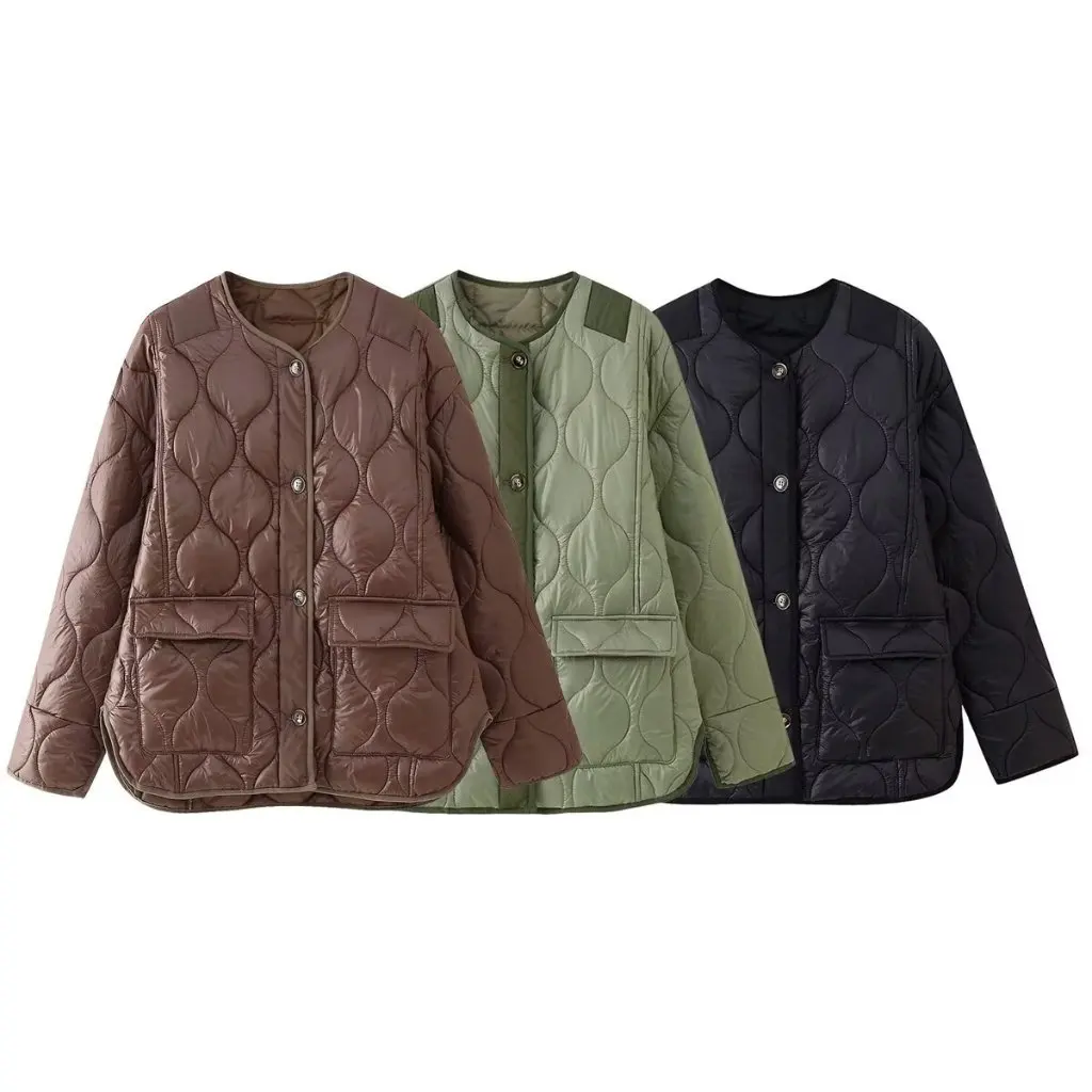 

European And American Fashion Cotton-Padded Jacket round Neck Long Sleeve Color Matching Spring New Women's Outerwear