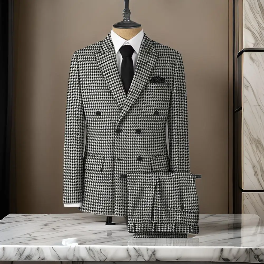 Plaid Men Suits for Wedding Business Slim Fit 2 Pcs Houndstooth Check Groom Tuxedos Male Fashion Clothes Jacket With Pants