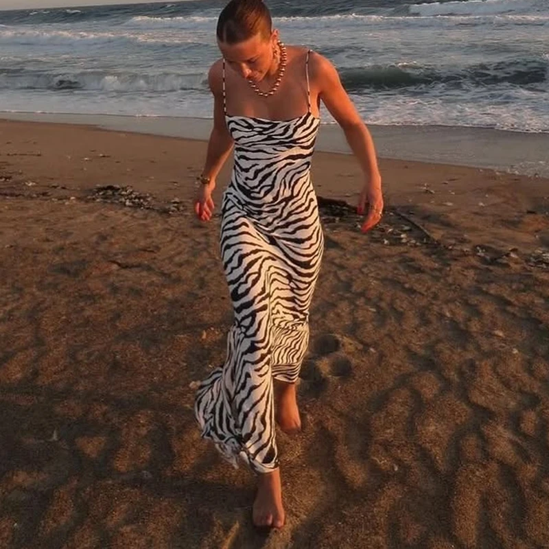 Abito sottoveste da donna con stampa zebrata, senza maniche, con fasciatura incrociata, senza schienale, costume da bagno estivo, vestito estivo lungo con spacco alto