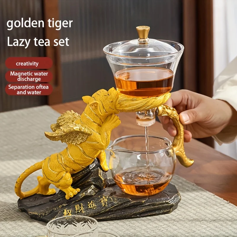 Guardian Tiger Glass Teapot Set - Magnetic Lazy Brewer w/ Crystal Vision , Power Brew Art Decor, Gift Collection