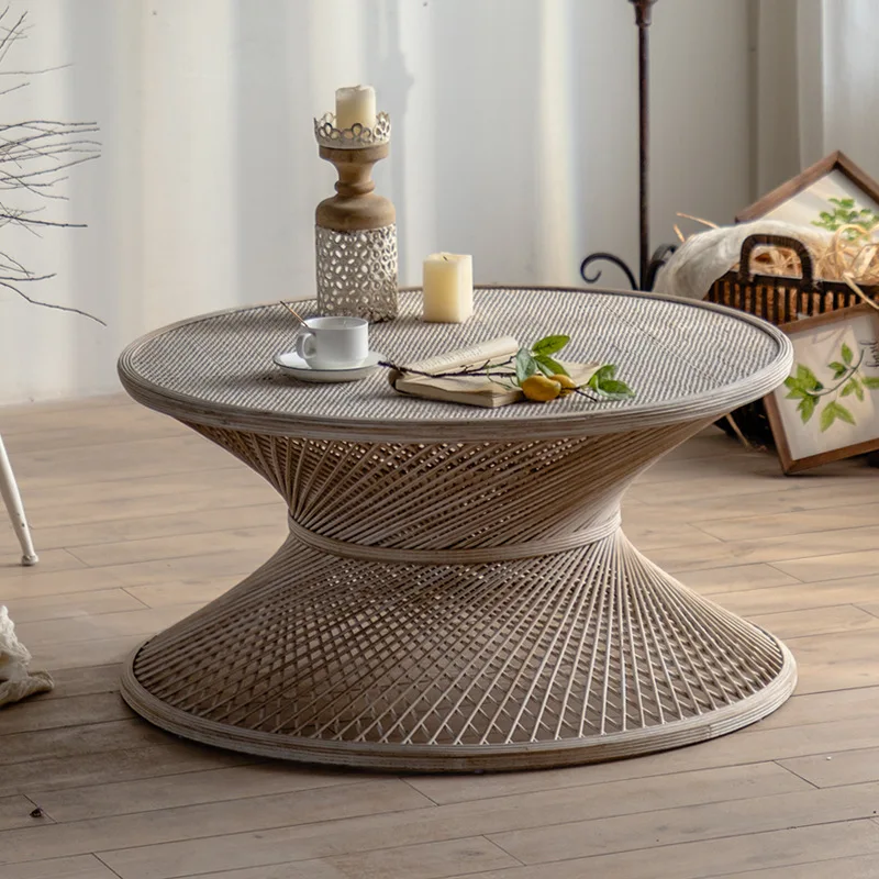 Nostalgic Hotel Living Room Rattan Size Coffee Table, Balcony Bamboo Rattan Round Table Literary Reception Tea Table