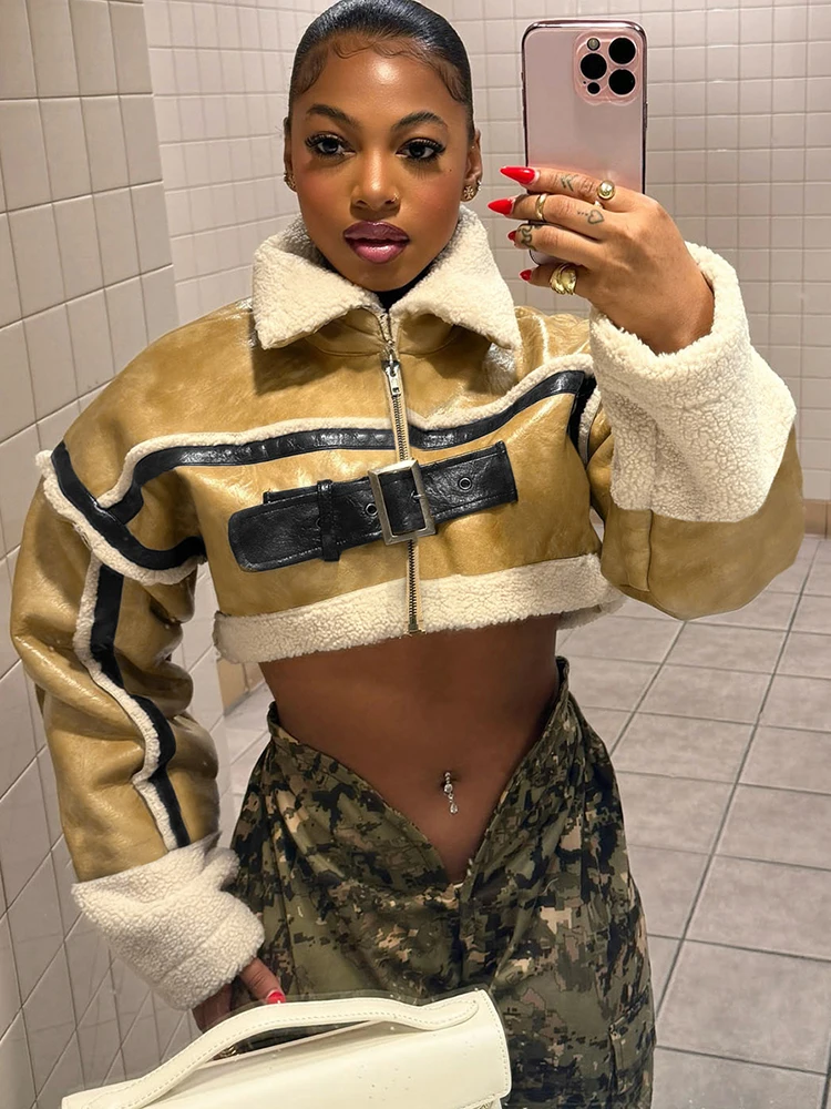 

Yomesugar Winter Fleece-Lined Crop Jacket Women Hipster Y2K PU Leather Lapel Full Sleeve Zip Skinny Coat Luxury Warm Streetwear