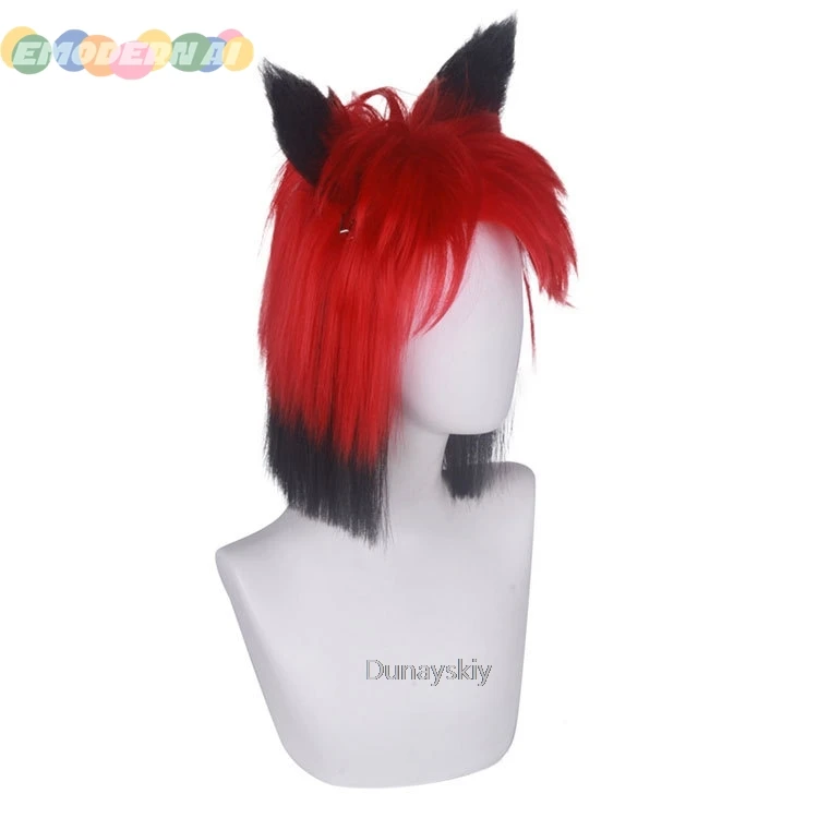 Hazzbin Cos-Perruque Cosplay Synthétique pour Femme, Cheveux Courts, Rouge, Noir, Degré de Chaleur, Halloween, Carnaval, Accessoire de ix, Hôtel, Alastor