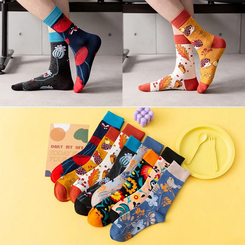 New AB feet flower and bird pattern mid-tube casual socks men\'s trendy socks plus size socks