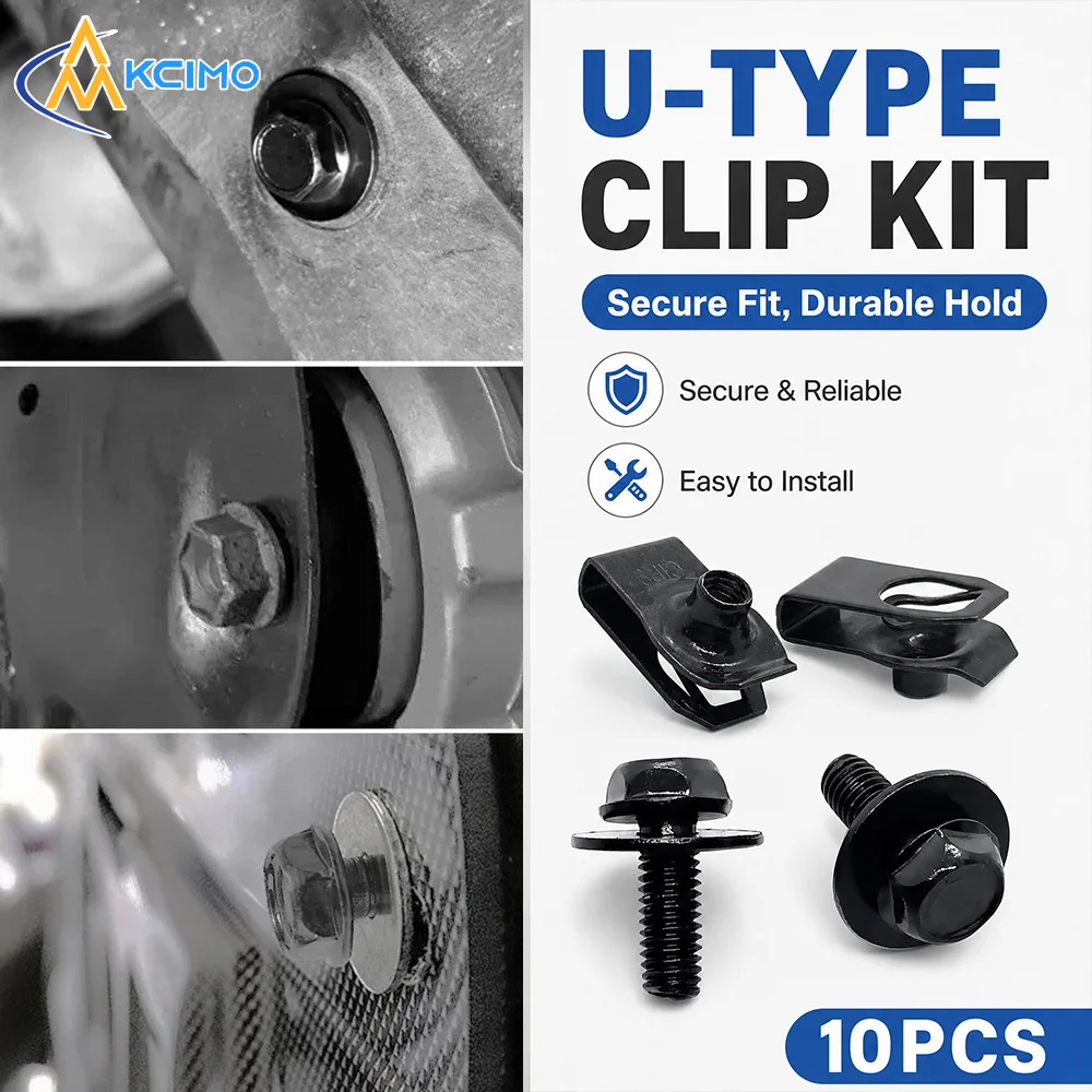 10PCS M6 Threaded Fastener Assortment, Automotive U-Clip & Bolt Kit, Replacement Hardware for Bumper Fender and Shield Panel