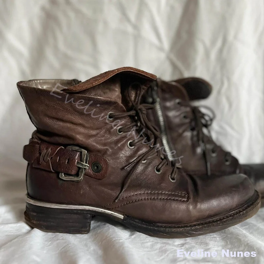 Brown Leather Distressed Vintage Biker Boots Men Front Lace Up Buckle Strap Western Motorcycle Boots Rock-punk Engineer Boots