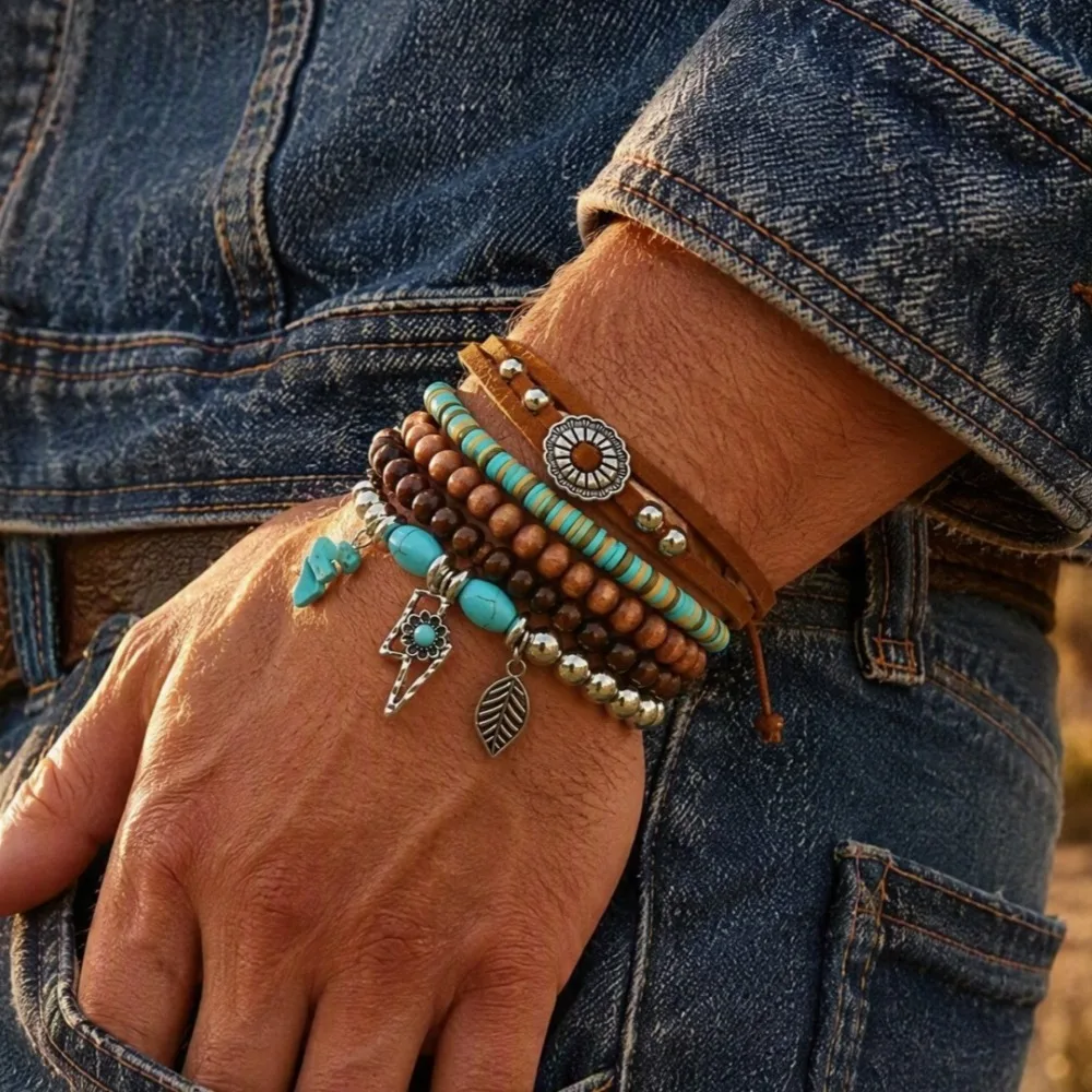 5pcs Set Exotic Boho Turquoise Wood Bead Leather Leaf Flower Charm Bracelets for Men Women Music Festival Stackable Jewelry Sets
