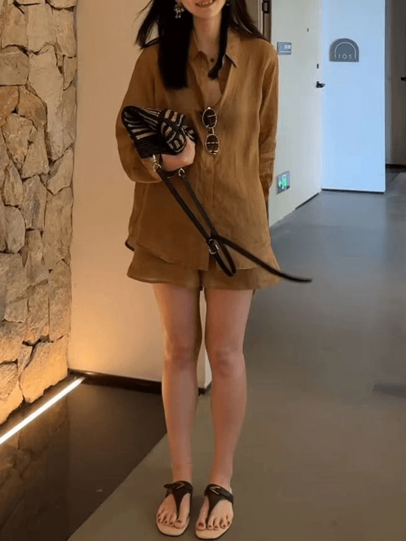 

Fashionable Casual Women's Summer Outfit Long Sleeve Shirt High Waist Wide Leg Shorts Two Piece Set Lightweight Comfortable