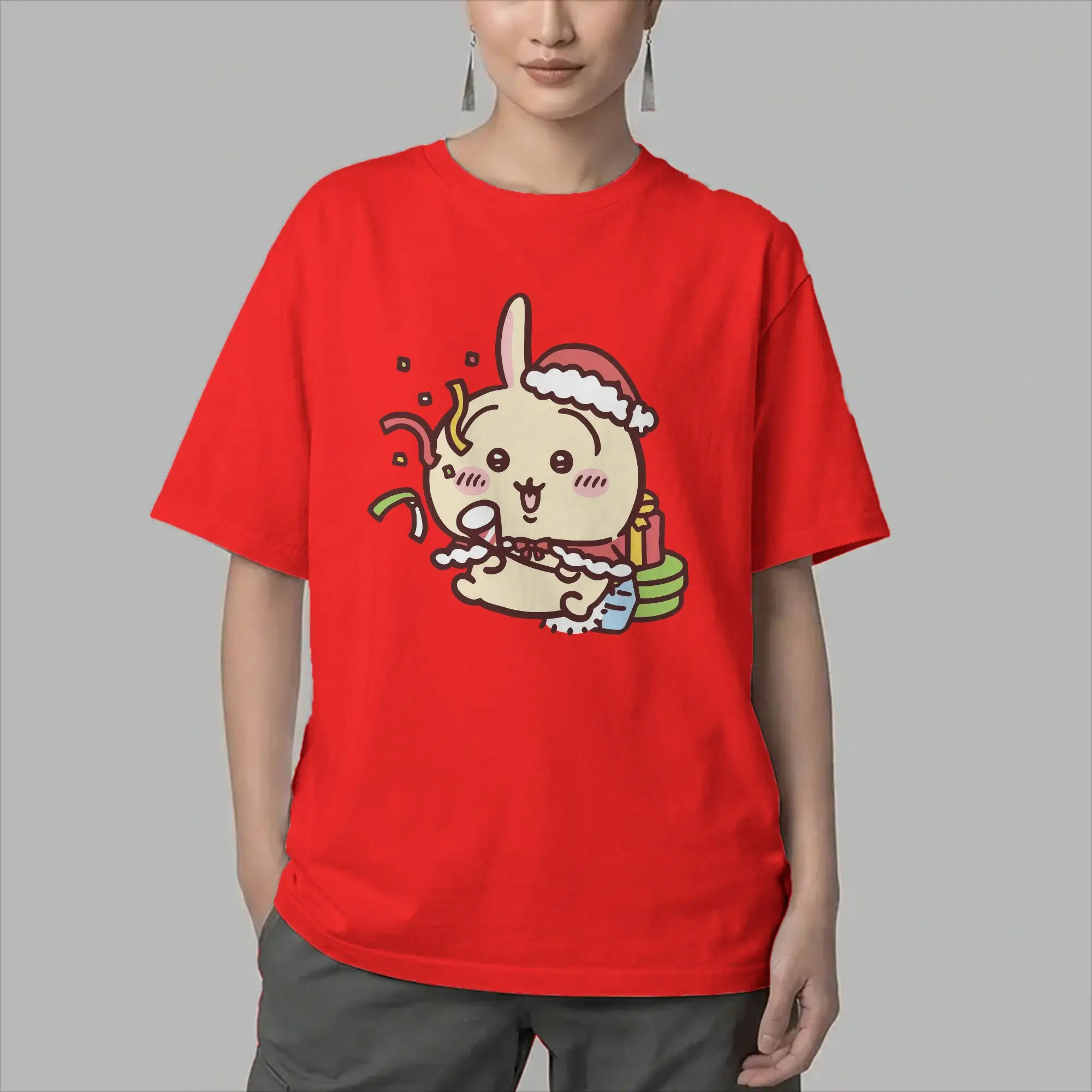Santa Chiikawas Usagi Merry Christmas T Shirts Men Pure Cotton Novelty T-Shirt Round Collar  Tee Shirt Short Sleeve Tops Summer