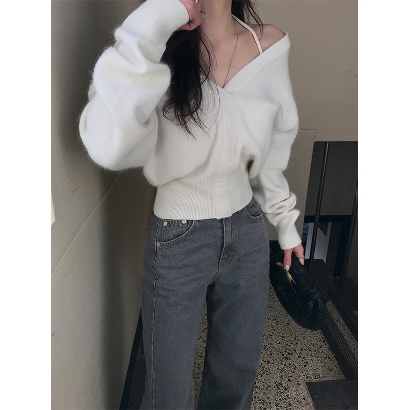 

Slash Neck White Sweater Women Sexy Cropped Halter Black Knitted Pullovers Winter Korean Knitwears Fashion Long Sleeve Jumpers