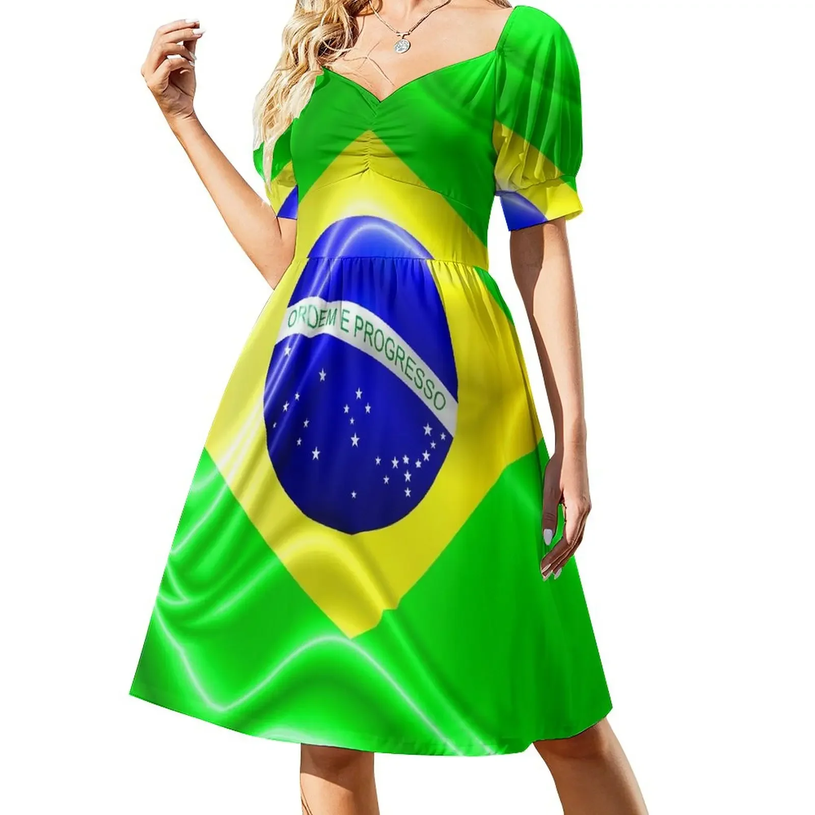 

Brazil Flag Waving Silk Fabric Short-Sleeved Dress Women's summer dresses summer clothes festival outfit women