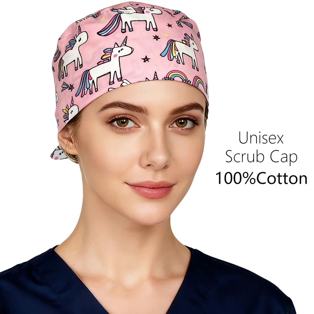 

New Soft Cartoon Scrub Cap 100%Cotton Unicorn Pattern Tie Back Surgery Hat Female and Male Operating Room Surgery Caps Wholesale