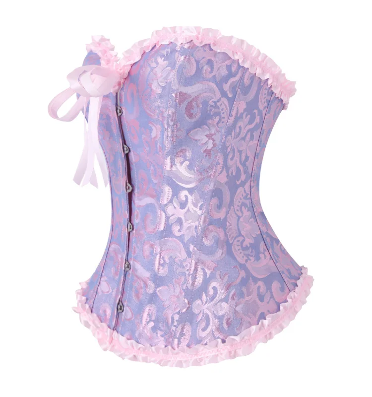 Damen-Overbust-Korsett, Vintage-Jacquard, Rüschen, Schleife vorne, Busk hinten, Schnürung, Taillenformer, Freizeit-, Party- und Alltagskleidung – Detail 28