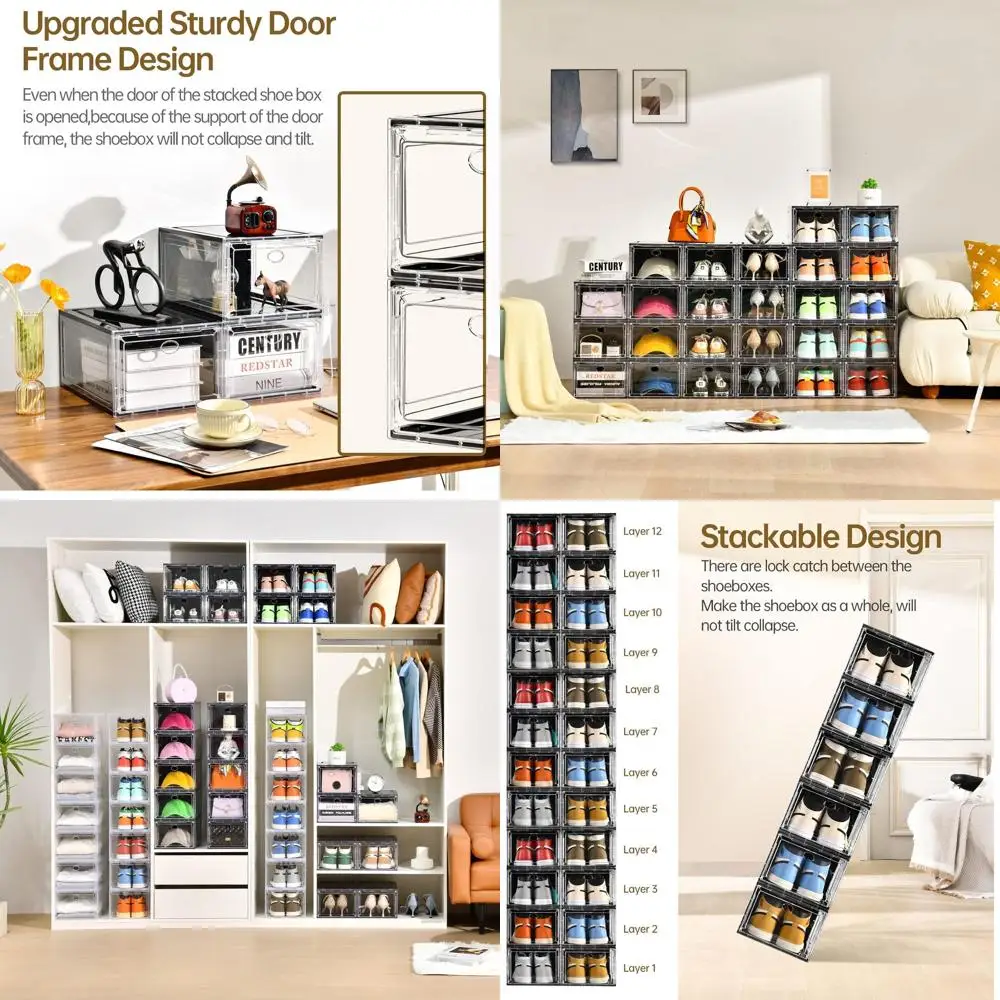 

Stackable Shoe Storage Boxes with Clear Doors, Strong and Multifunctional for US Size 12 Sneakers (13.8x9.84x7.1)