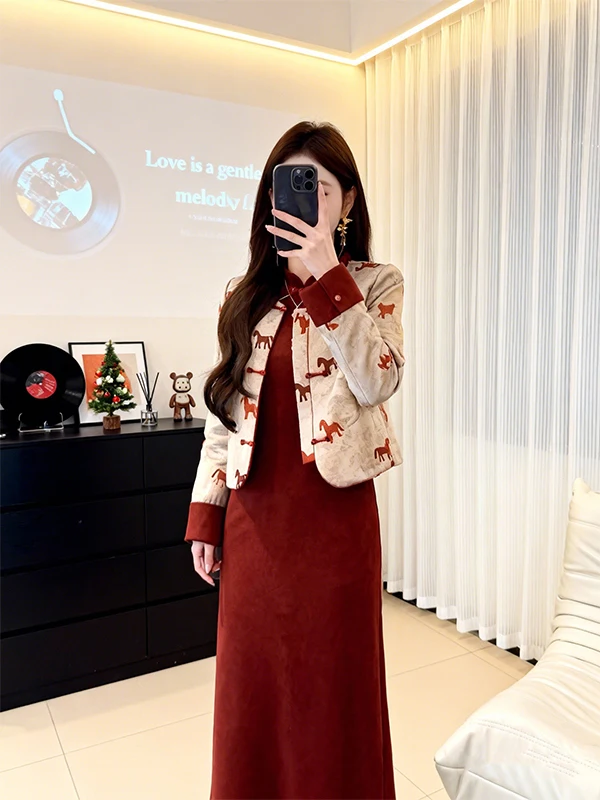 

Новый китайский модный комплект для женщин: красный зимний свадебный/помолвочный костюм с длинным рукавом и воротником-стойкой