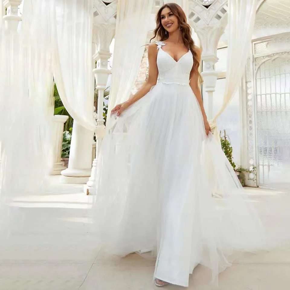 Robe de Mariée Trapèze Élégante en Dentelle à Col en V Profond, Bretelles Spaghetti, Dos Ouvert, Traîne de Balayage, Tulle, Patients, Peu importe pour Femme, 2023