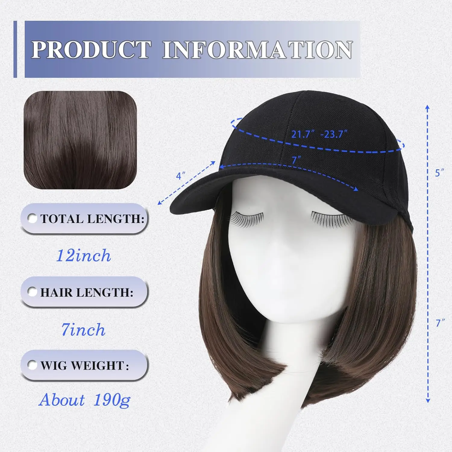 Chapéu de cabelo sintético feminino com tamanho ajustável, adequado para uso diário