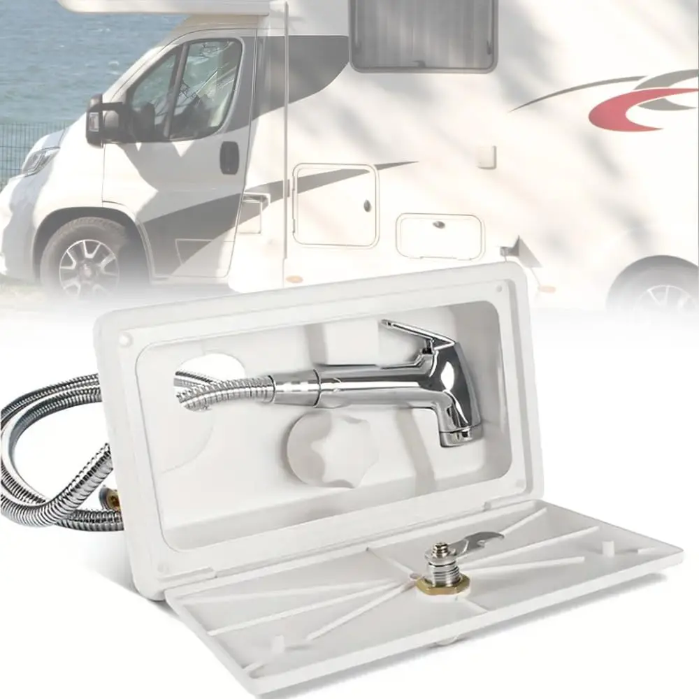 

RV Caravan White Exterior Shower Box Kit with Lock 1.5M Metal water pipe Water saving nozzle apply to Camping Camper accessories