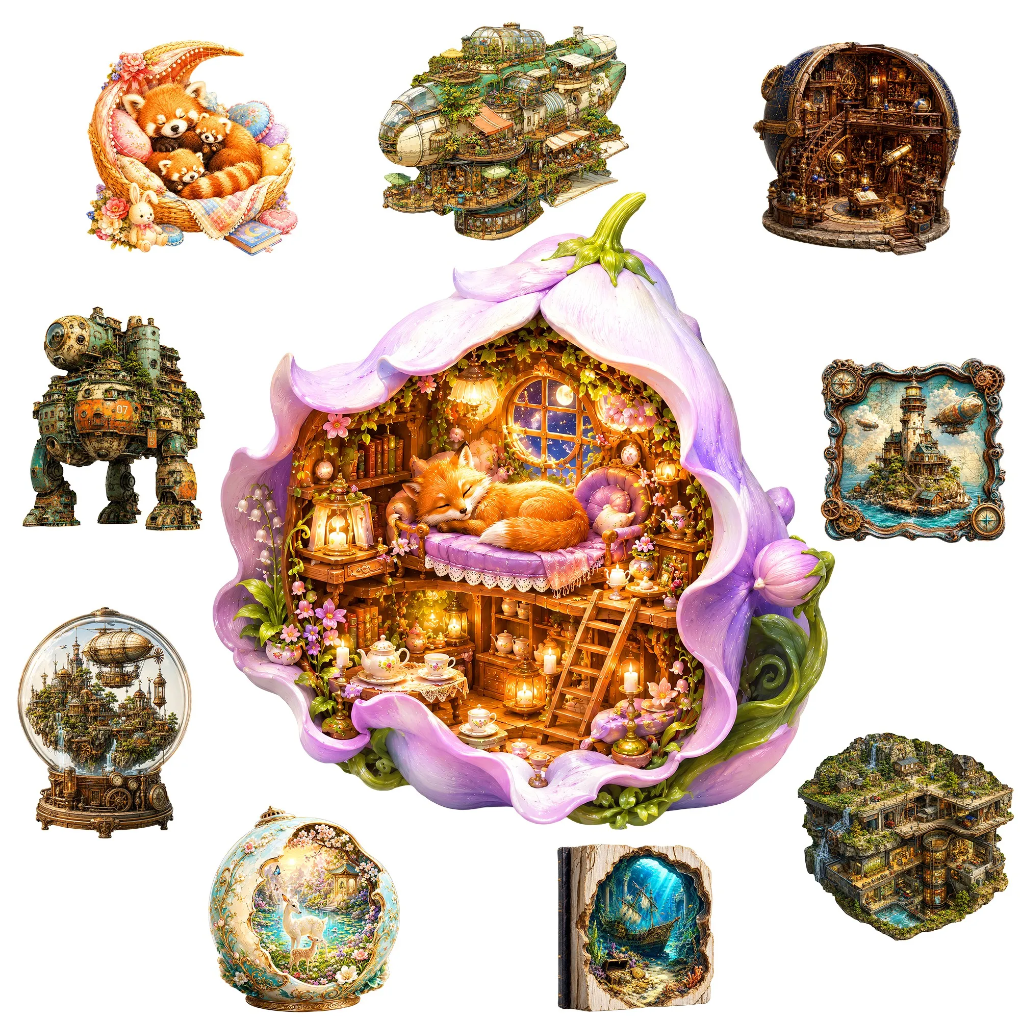 Dreamy Cottage and Cozy Fantasy Wooden Animal Jigsaw Puzzle Puzzle Game Toy Brain Teaser Special Occasion Collectible Gift