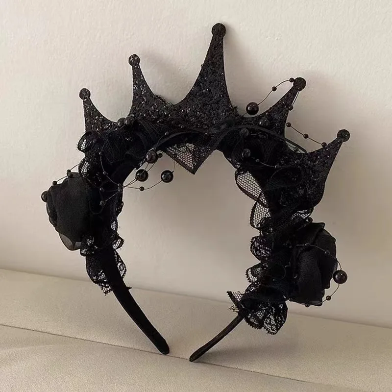 Gothic Black Rose Lace Crown Headband for Women Halloween Victorian Elegant Headwear Hair Accessories for Party Wedding Cosplay view 4