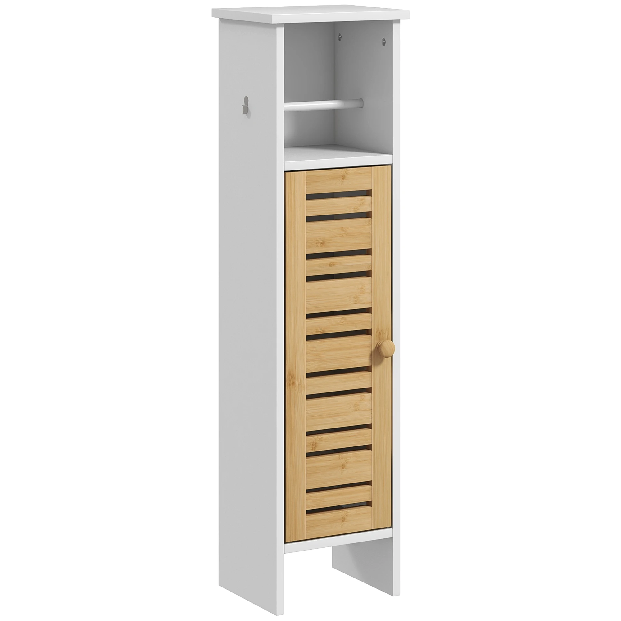 Mueble Auxiliar de Baño con Portarrollos de Papel Estantes Ajustable y Puerta de Bambú 21x17x78 cm Blanco y Natural
