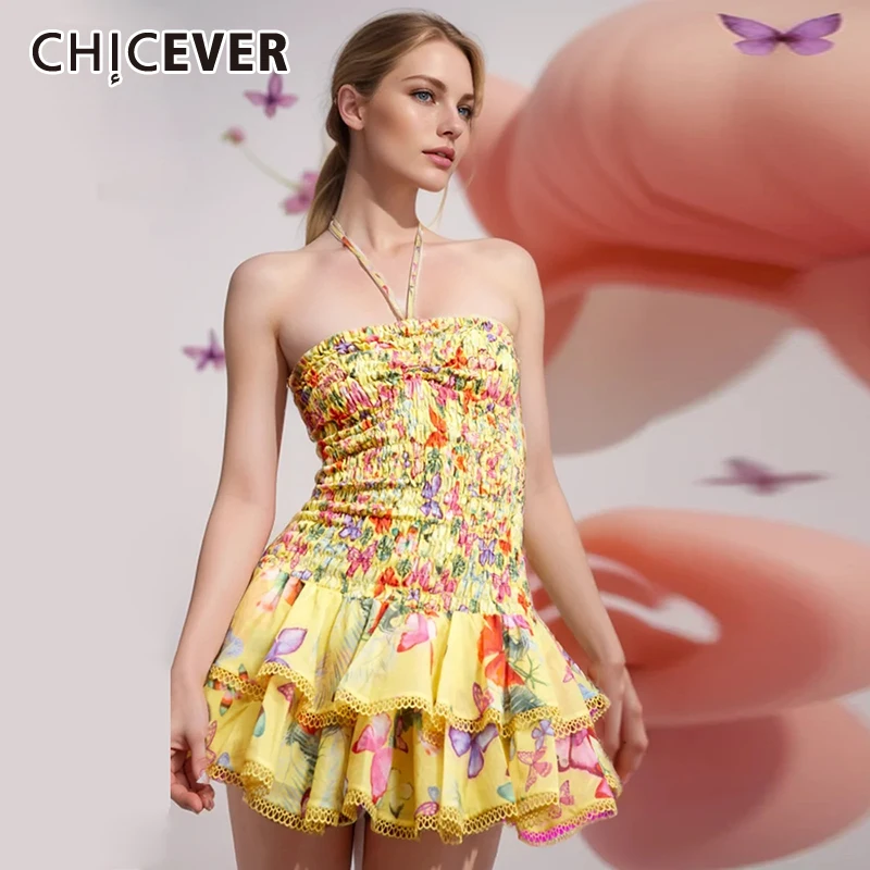 

CHICEVER Spliced Ruffled A Line Dress For Women Halter Strapless Sleeveless Backless High Waist Hollow Out Mini Dresses Female