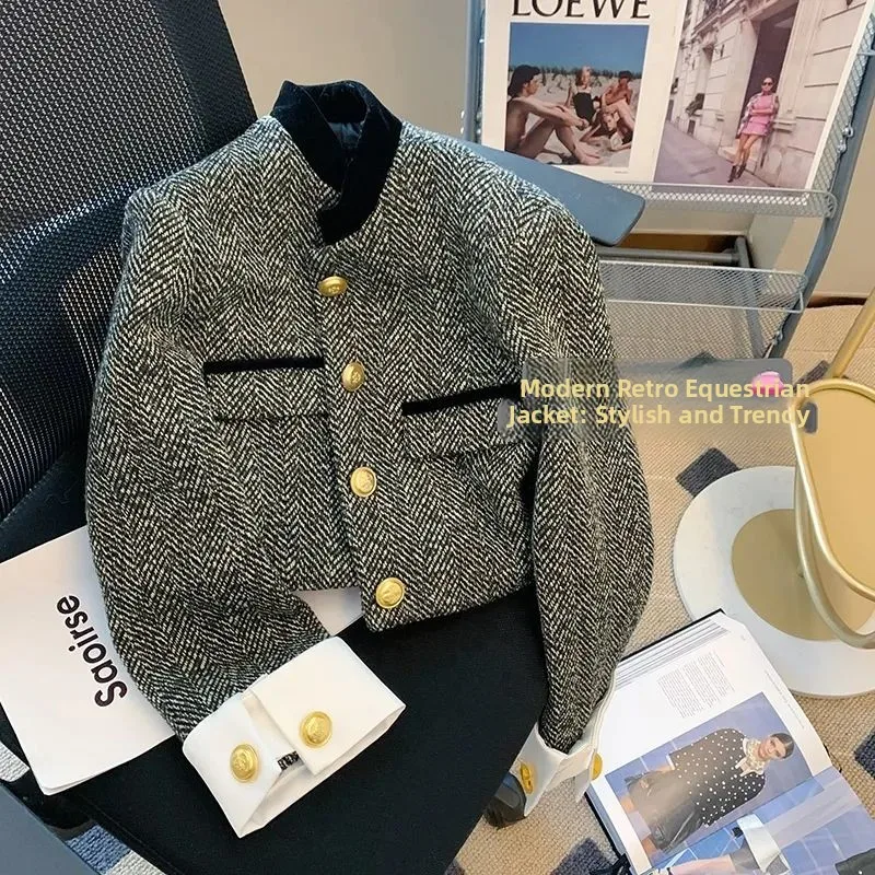 

Bla White Contrast Color Stand Collar Retro Equestrian Sle ort Coat Ele Sle Suit Jaet for Women Spring 2024