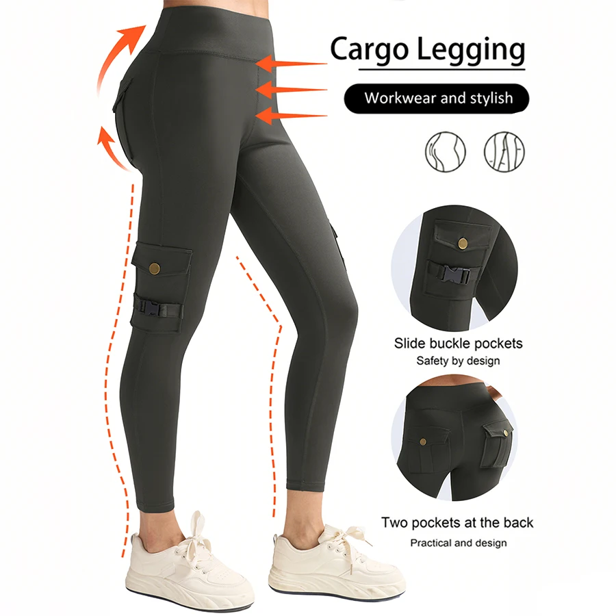 

Women's Cargo Leggings with Pockets High-Waisted Tummy Control Butt Lift Fintness Sports Pants Solid Color Running Tights