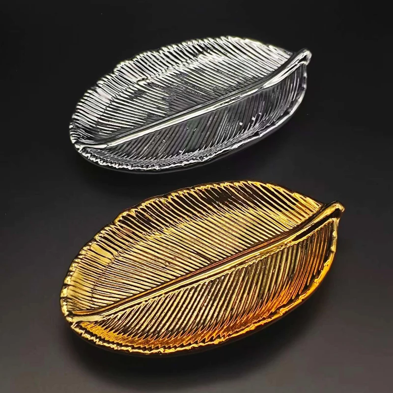 Metal color Ceramic jewelry tray golden leaf design soap candle dish tray jewelry storage table home decoration