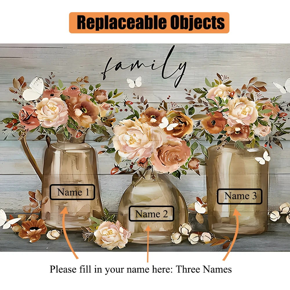 1pc Customized Unframed Canvas Poster Personalized Family Three Names Flowers Wall Art Painting For Living Room Dining Room