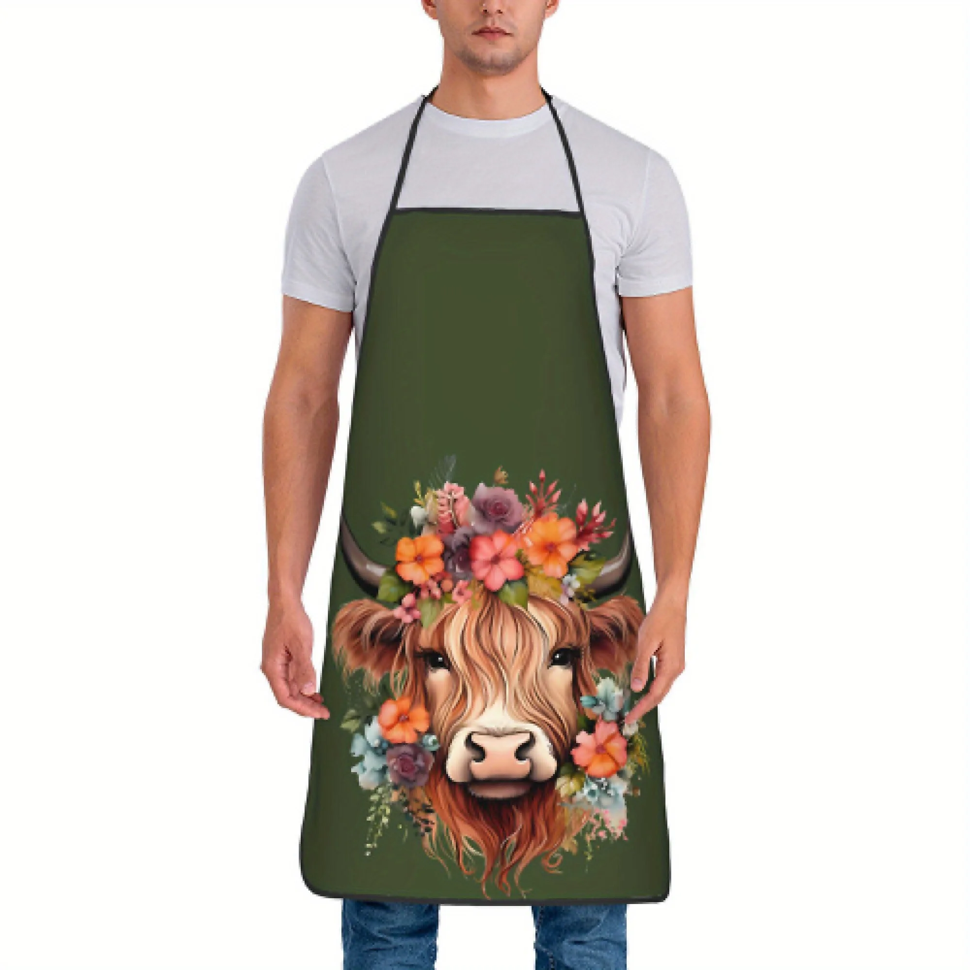 Apron Featuring a Rustic Highland Cow - Bright Floral Pattern, Sturdy Polyester, Easy to Hand-Wash for Both Men And Women - Perf