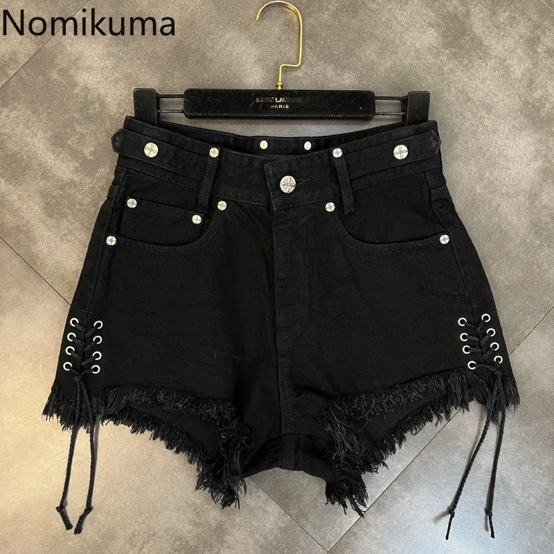 Bandage Tassel Jean Shorts Women's Clothing Streetwear Fashion Pantalones Cortos De Mujer High Waist Summer Y2k Wide Leg Pants